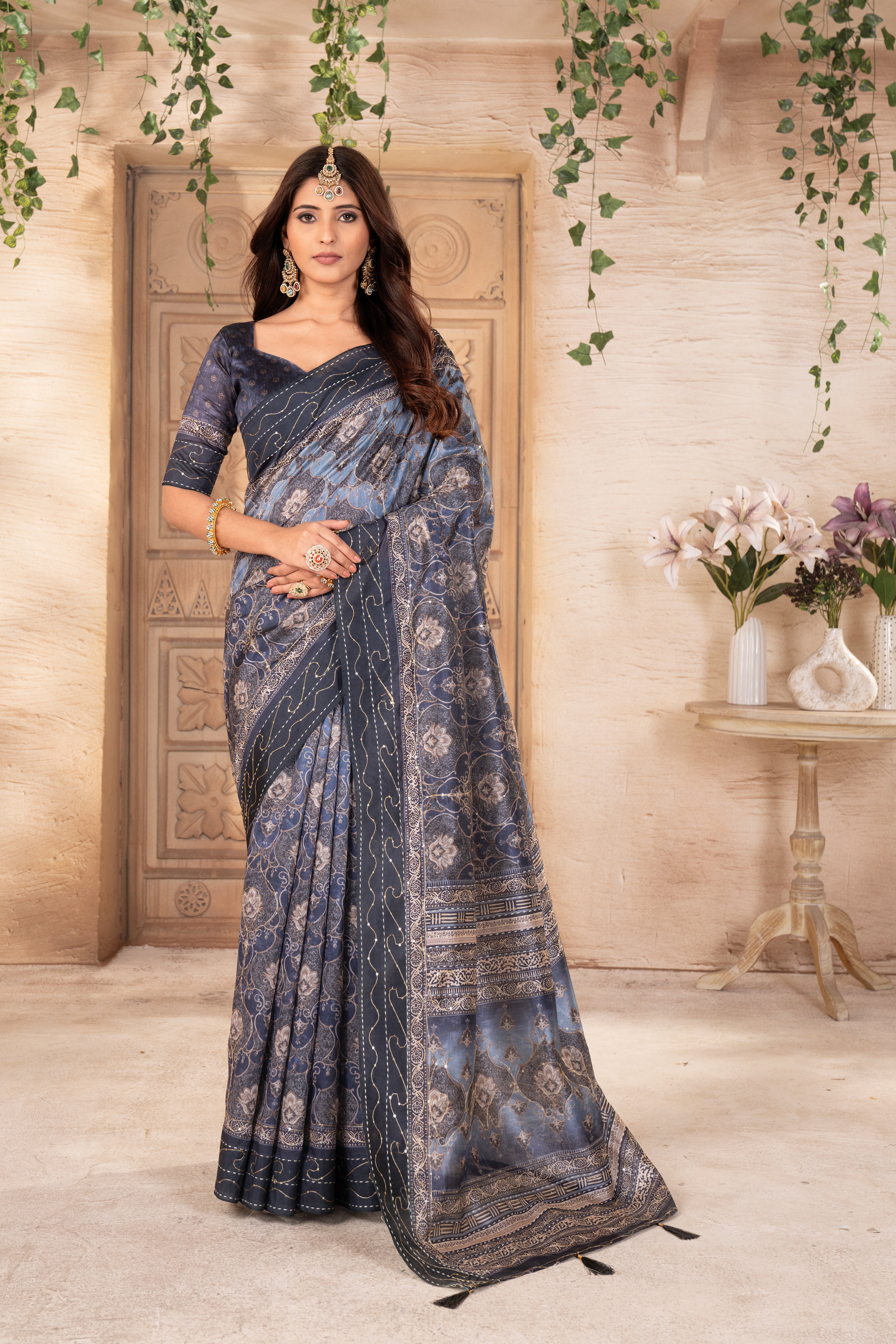 Grey Multi Tussar Silk Ajrak Saree